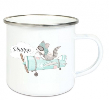♥ zauberhafte Tasse Emailletasse Pilot Flugzeug Waschbär blau, Name, Wunschname, KITA Kindergarten, Einschulung, Dankeschön, Abschied, Jubiläum, Geschenk, Becher von Lüttentüddel